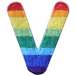 This patch is the letter V in bold font. It is coloured by descending rainbow stripes.