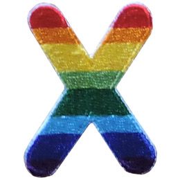 This patch is the alphabet letter X. From top down the colour changes from red to orange to yellow to light green to dark green to light blue to dark blue to purple.