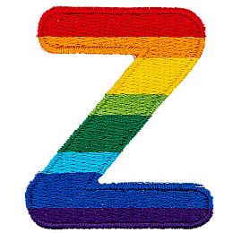 This patch is the alphabet letter Z. From top-down, the colour changes from red to orange to yellow to light green to dark green to light blue to dark blue to purple.