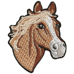 This crest displays the profile of a chestnut horse with a white strip down its forehead to nose.