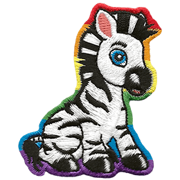 This cute zebra sits on its haunches. It is surrounded by a rainbow background.