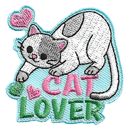A grey and white cat is on top of the words Cat Lover.