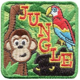 A monkey, parrot, and panther are hiding in jungle foliage. The word Jungle is stitched diagonally down the middle.