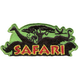 The word Safari is embroidered at the top. From left to right are the silhouettes of a rhino, a giraffe, a baboon hanging from a tree, a stork, an elephant, and a lion.