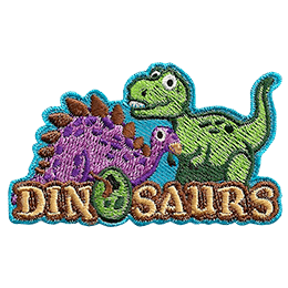 Cartoon versions of a stegosaurus and a tyrannosaurus rex stand behind the word Dinosaurs. The O in dinosaurs is an egg.