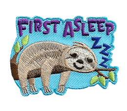 A sloth sleeps on a tree branch. The words First Asleep are at the top of the crest, and Zzz is by its head.