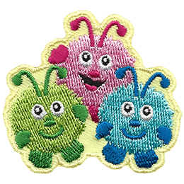 Three creatures smile happily up at the viewer. They are made of fuzzballs with arms, feet, and antennae.