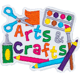 The words Arts & Crafts are surrounded by crayons, a glue bottom, scissors, and a paintbrush.