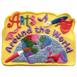 The words Arts Around The World surround a painted globe. A pen, paintbrush, music notes and thalia are scattered across the empty spaces.