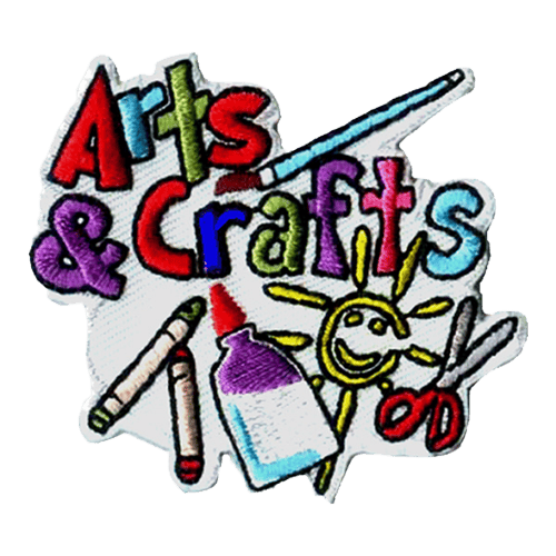 Written in colourful letters near the top of the patch are the words ''Arts & Crafts.'' Underneath are two wax crayons, a bottle of glue, a kid drawn smiling sun, and a set of scissors. A paint brush rests above the word ''Crafts.''