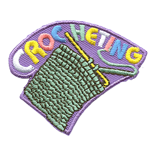 A yellow crochet needle holds a green crochet square. The word Crocheting is stitched above it in white, yellow, pink, blue and green.