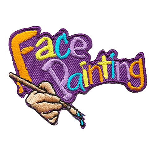 The words 'Face Painting'' are embroidered in different colours and are angled towards the top right. A hand holds a paint brush dripping with paint.