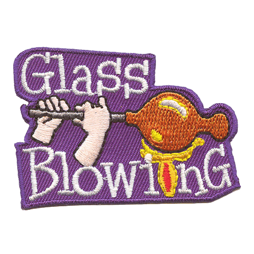 Two hands hold a glass-blowing rod with a glob of glass on the end in a flame. The words Glass Blowing are written around it.