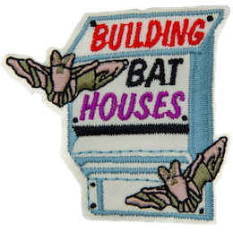 The words Building Bat Houses are on the top of a bat house flanked by two bats.