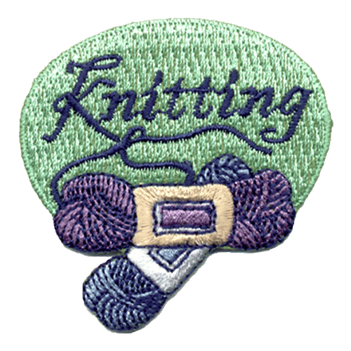 Two bundles of yarn sit under the word Knitting.