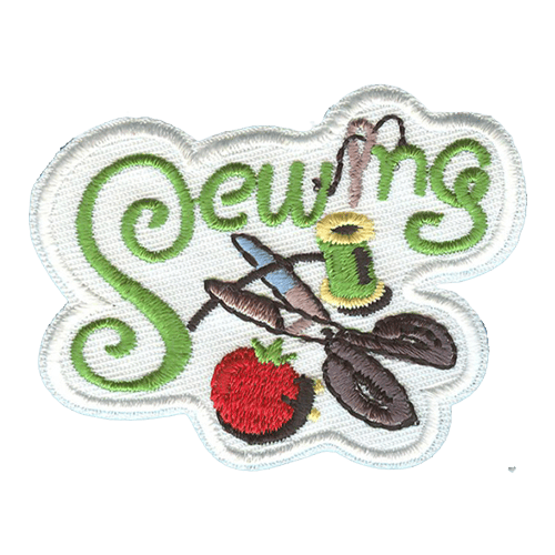 The word ''Sewing,'' where the 'I' is replaced by a needle, is embroidered at the top of this patch. A spool of thread, scissors, and a pin cushion rests at the bottom.