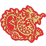 A gold Chinese Lung dragon on a red background.