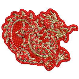 A gold Chinese Lung dragon on a red background.