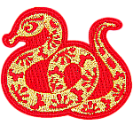A gold snake with a red outline and floral details on its body.