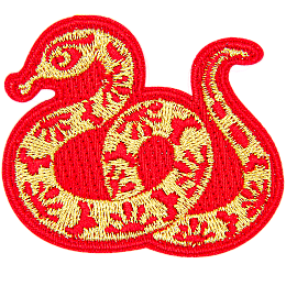 A gold snake with a red outline and floral details on its body.