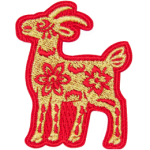A gold goat with a red outline and floral details on its body.