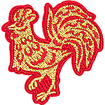 A gold rooster with a red outline and floral details on its body.