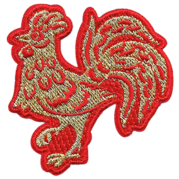 A gold rooster with a red outline and floral details on its body.