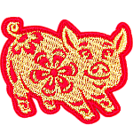 A gold pig in a red outline and detailing.