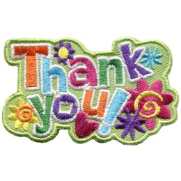 Colourful text that says Thank You sits on a background of flowers, hearts, and starbursts.
