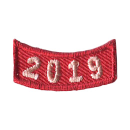 This 1.0 inch wide by 0.5 inch high red rocker curves upwards like a smile. The year 2019 is embroidered in a bold font.