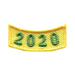 This 1.0 inch wide by 0.5 inch high yellow rocker curves upwards like a smile. The year 2020 is embroidered in a bold font.