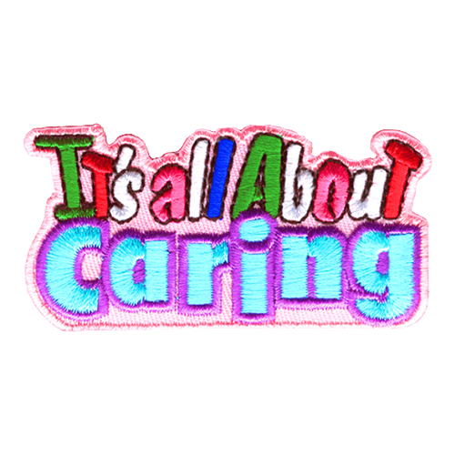 Multi-coloured letters spell It's All About above the word caring. Both lines are in different fonts.