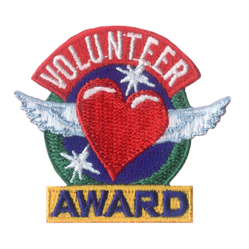 The words Volunteer Award surround a red heart with wings that has two sparkles.