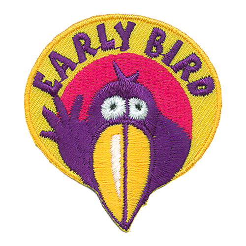A purple bird with a yellow bear waves at the viewer. The words Early Bird are stitched in purple on the yellow background.