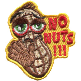 A peanut holds out its hand in a 'stop' gesture. Text on the right side of the patch reads, 'No Nuts!!!'