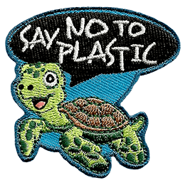 A turtle happily swims as it says Say No To Plastic in a speech bubble above his head.