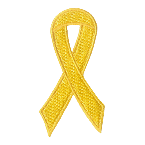 A yellow ribbon with the ends crossed over each other.