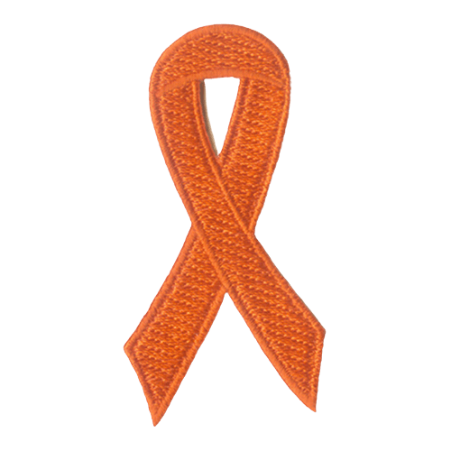 An orange ribbon is curled on itself to form a simple loop.
