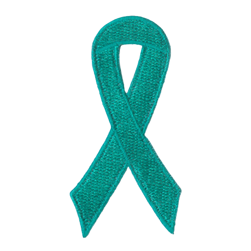 A teal ribbon is curled on itself to form a simple loop.