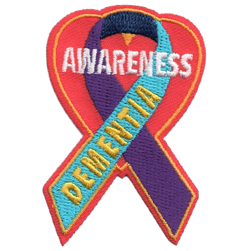 The Dementia ribbon of purple and blue sits on a heart background. The word 'Dementia' runs up the forefront of the ribbon.