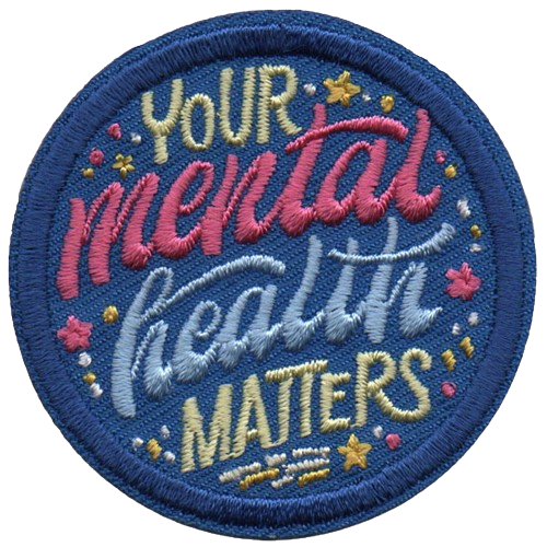 The words Your Mental Health Matters are on a blue background with pink and gold sparkles.