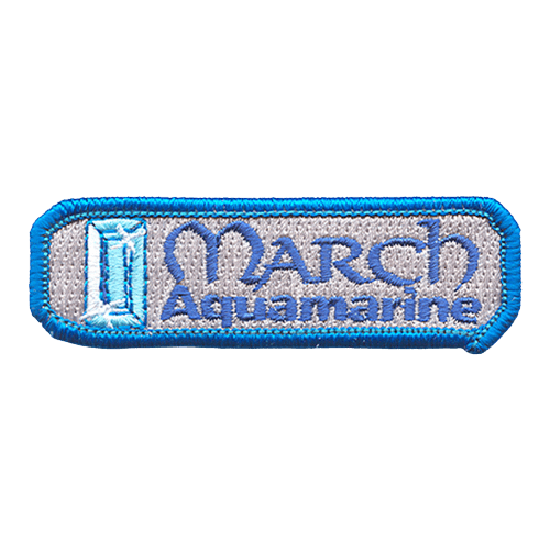 A rectangular aquamarine next to the words March Aquamarine.