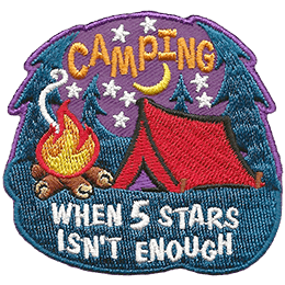 A tent sits to the right of a warm campfire. Both are enclosed by trees that reach up towards the stars and moon. The text \'Camping\' sits in the stars and \'When 5 stars isn\'t enough\' rests under the tent.