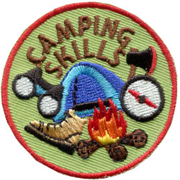 A variety of camping skills are displayed, such as campfire building, axe skills, and navigation.