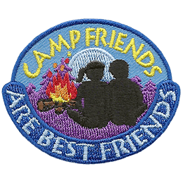 Two friends sit next to a campfire. Text around the crest says Camp Friends Are Best Friends.