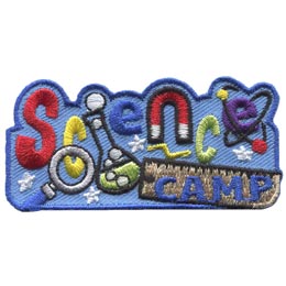 The word Science is embroidered across this patch. The N is replaced with a magnet, the I is a beaker, and the E is an atom. Camp is stitched on a ruler at the bottom.
