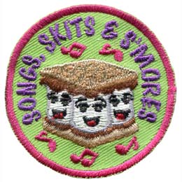 Three marshmallows sing happily between chocolate and gram crackers. The words ''Songs, Skits & S'mores'' are embroidered in purple around the top arch of this round patch. Pink musical notes are depicted on the patch as well.