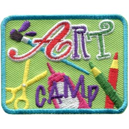 This green patch has the words ''Art Camp'' embroidered on it. The ''Art'' portion is written in a flowing script and the letters are red, purple, and green respectively. Scissors, pencil crayons, a bottle of glue, and a paintbrush lie in the background.