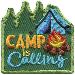 Three trees on the left represent a forest and on the right a pitched tent sits near a campfire. The text 'Camp is Calling' sits at the middle-left of this roughly square patch.