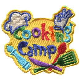 The words Cooking Camp are surrounded by cooking utensils and a chef's hat.